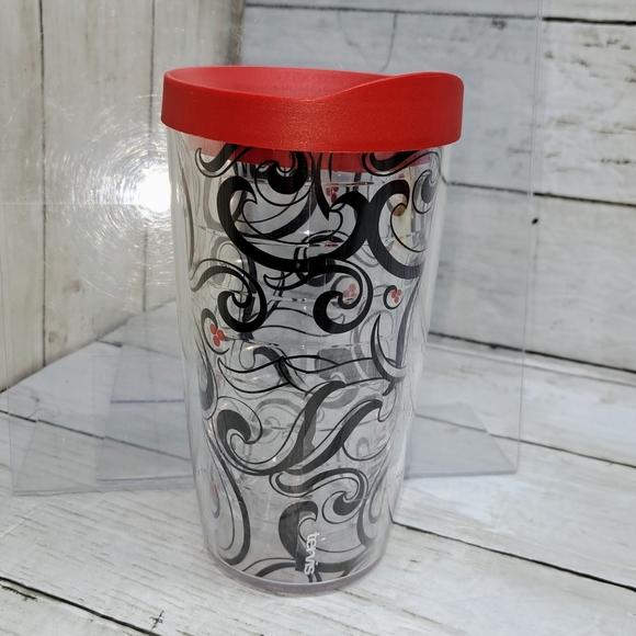 Tervis Tumbler 16oz Red Lid Clear Plastic Black Swirl Pattern Travel Drinkware - Picture 7 of 8